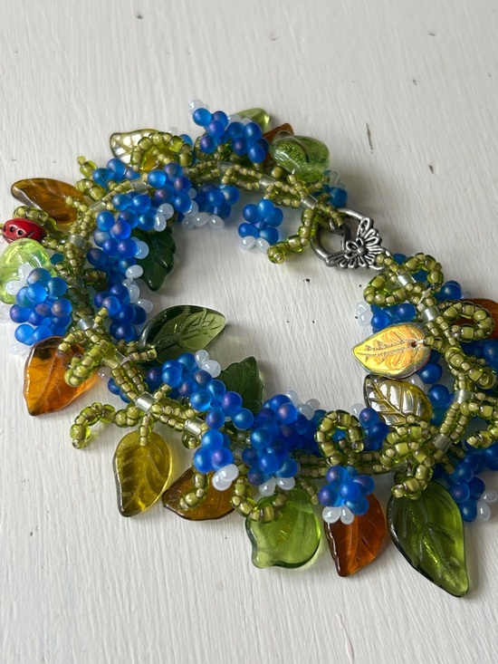 Jewelry - Artisan crafted seed bead and glass leaves, tropical statement bracelet